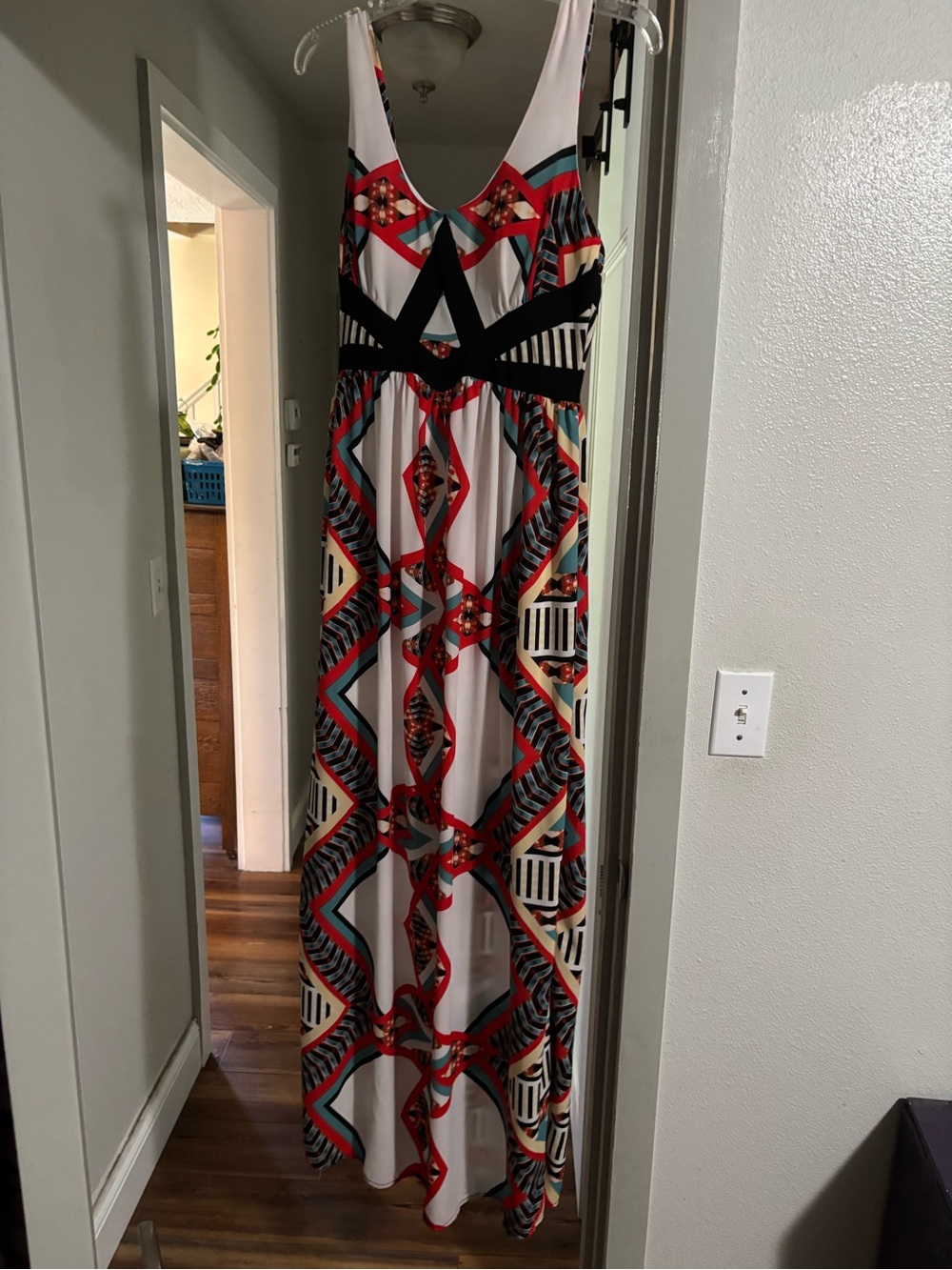 XOXO White Maxi Dress with Red and Black Geometric Print
